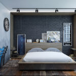 Décor d'une chambre à coucher un rustique noir et un stratifié sur un plancher en bois