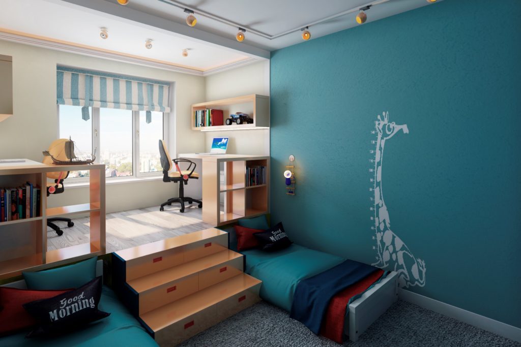 Conception d'une chambre d'enfant pour deux enfants hétérosexuels Lit sous la passerelle.