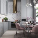 Cuisine moderne gris-rose en chambre haute