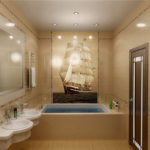 Modern bathroom design beige tile with photo printing