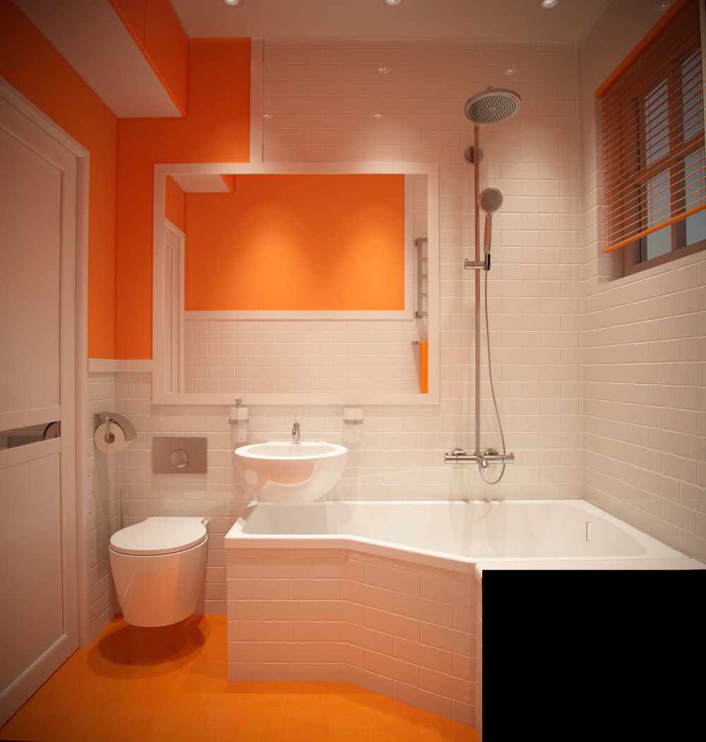 idea of ​​a bright bathroom interior with corner bath