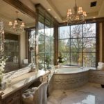 version of the unusual interior of the bathroom with a corner bathtub photo