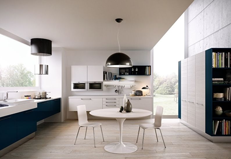 White kitchen-dining room in the style of modern Art Nouveau