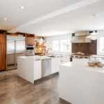 White kitchen island with integrated sink