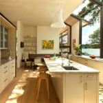 Kitchen overlooking the shore of the pond