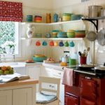 Brightly colored cookware on the kitchen shelves