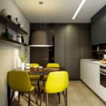 Yellow chairs and dark cabinets