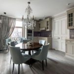 Kitchen with high ceiling chandelier