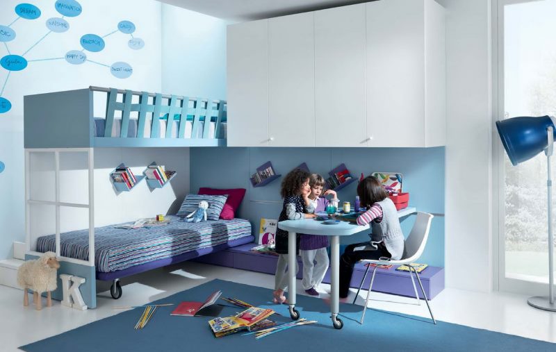 The interior of the children's room in blue tones