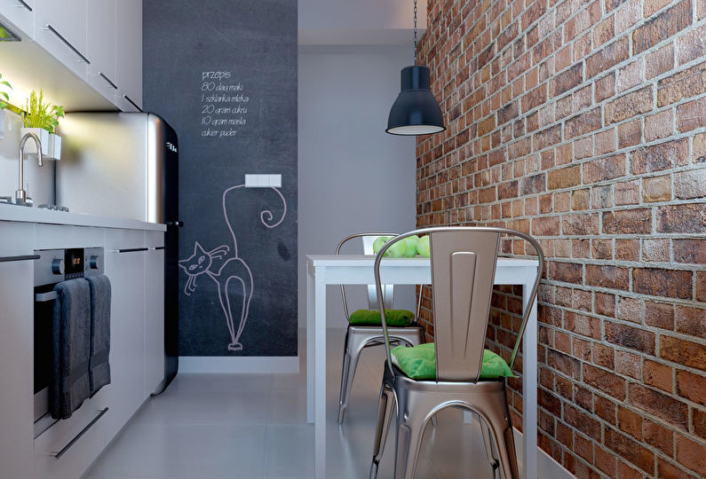 Light furniture in a small loft style kitchen