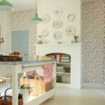 A light floral wallpaper pattern was used to decorate the wall in this kitchen in retro style.