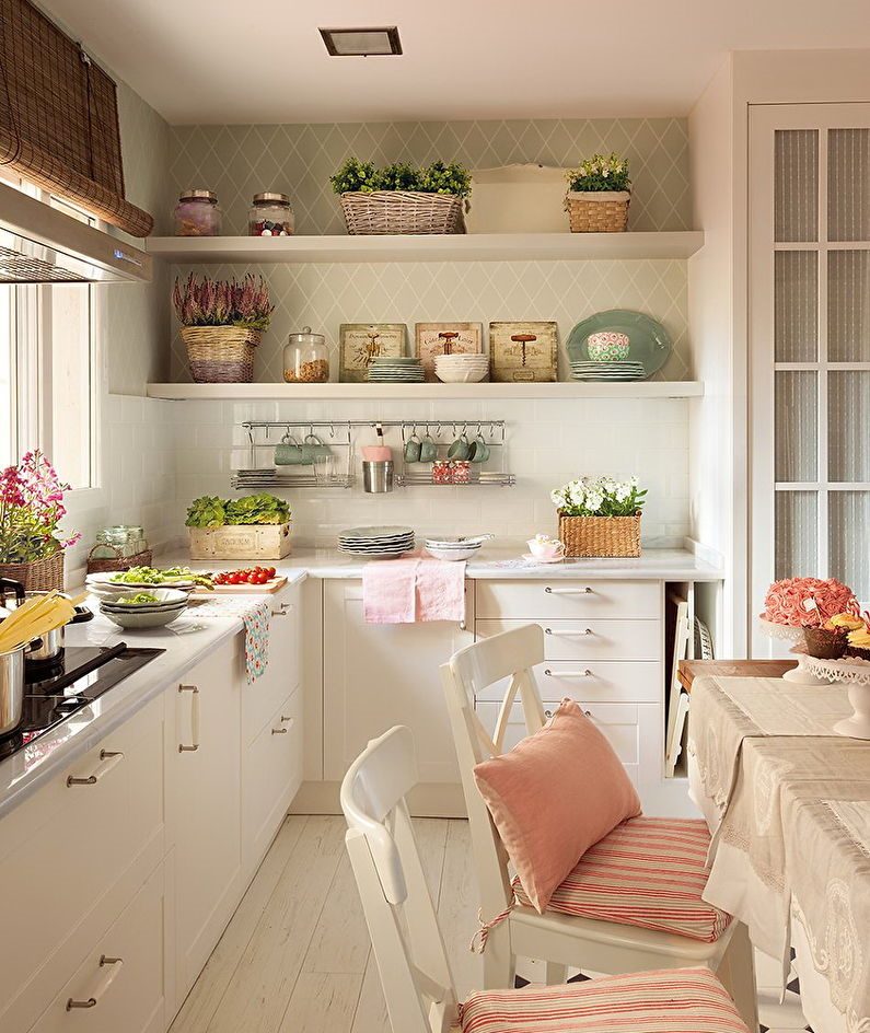 Rustic kitchen interior with open shelves.