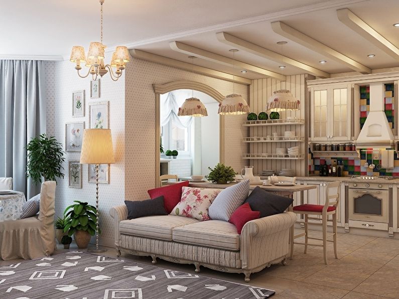 Multi-colored pillows on the sofa of the kitchen-living room