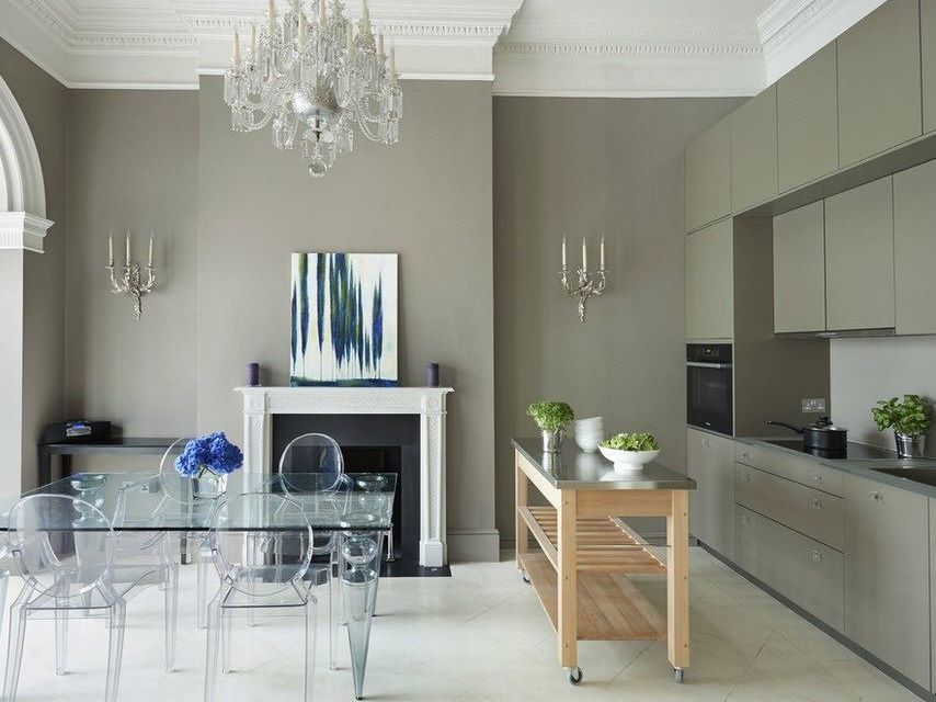 Glass table in a gray kitchen-dining room