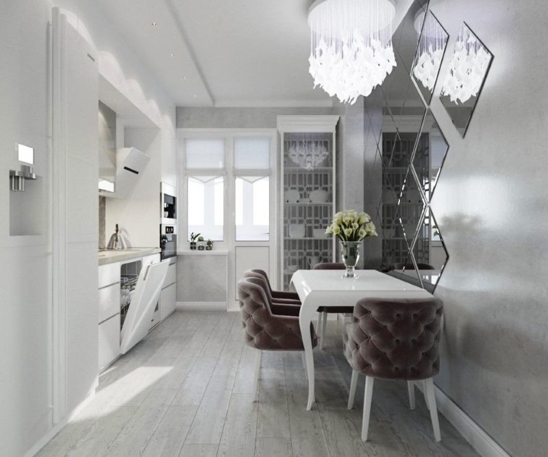 Kitchen interior in gray with a crystal chandelier