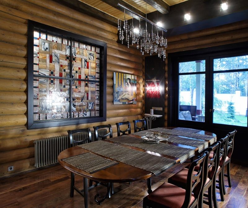 Kitchen design of a private house with a stained-glass window