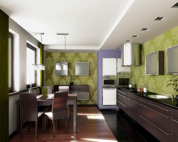 Green wallpaper in the kitchen