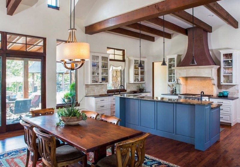 Wooden dining table in the dining room kitchen