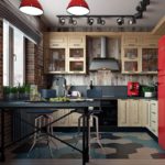 Red refrigerator in the loft style kitchen