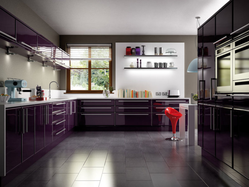 Dark kitchen with a white matte ceiling