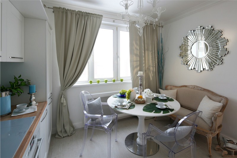 Transparent chairs in the interior of the kitchen-dining room