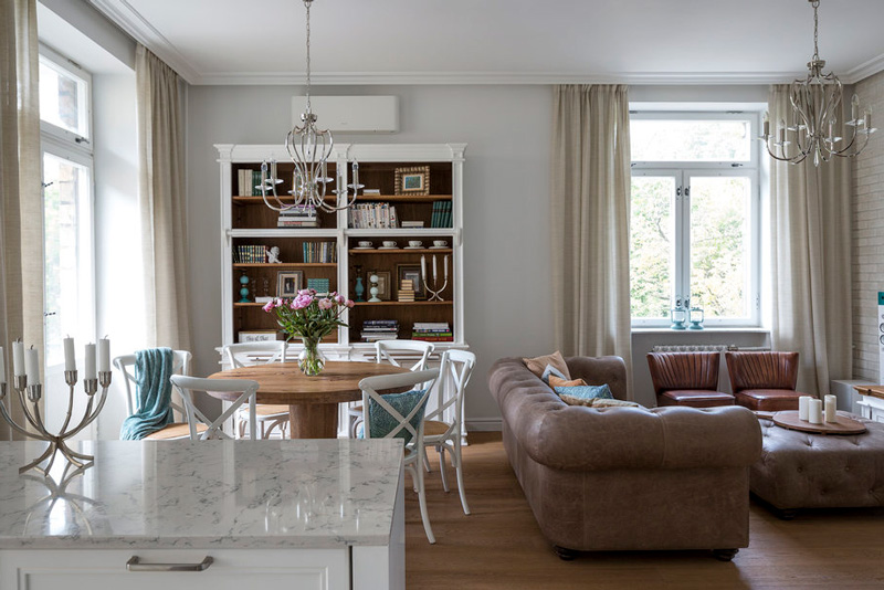 Brown sofa as a space divider