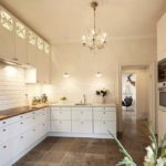 Chandelier in the interior of a beautiful kitchen