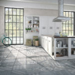 Galvanized steel hood over the kitchen island