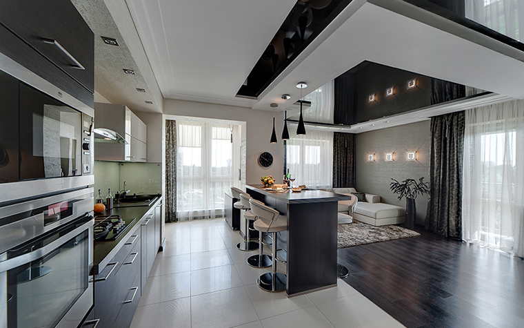 High-tech kitchen design with ceramic floor