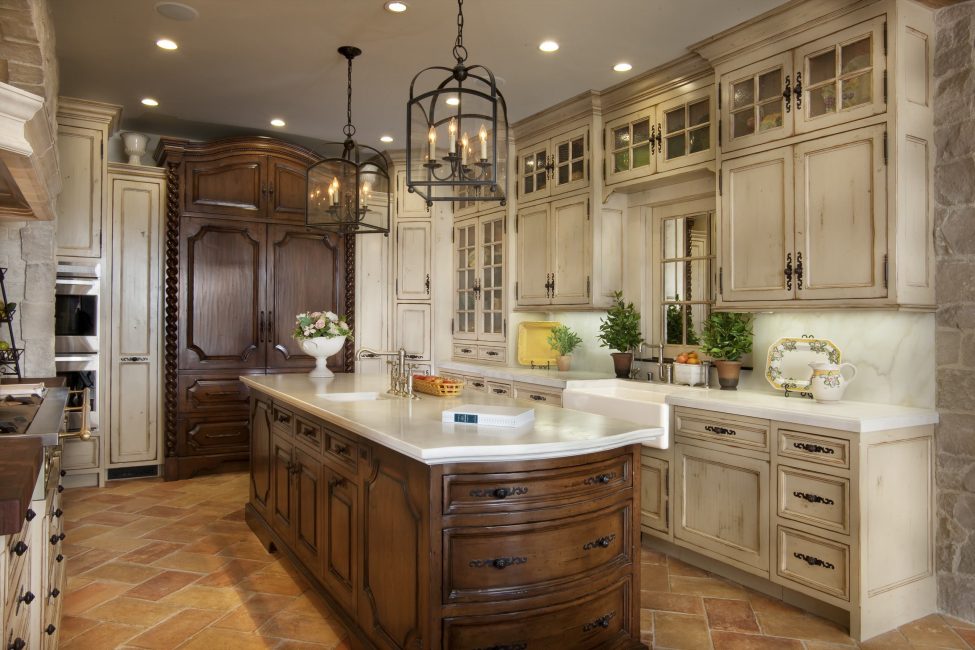 Kitchen island made of wood on a stone floor