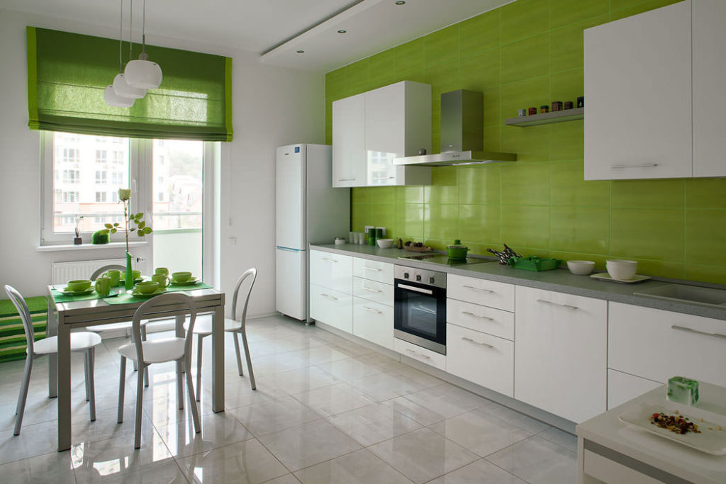 Glossy kitchen floor with white suite