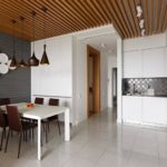 Wooden slats on the ceiling of the kitchen