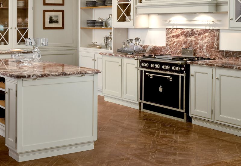 Parquet floor in the kitchen with island