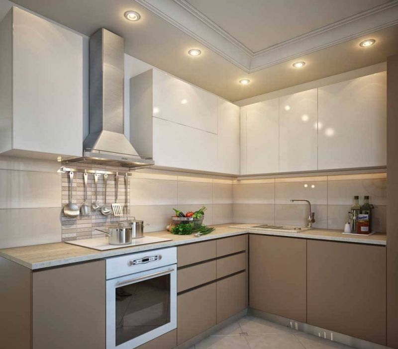 Spotlights on the plasterboard kitchen ceiling