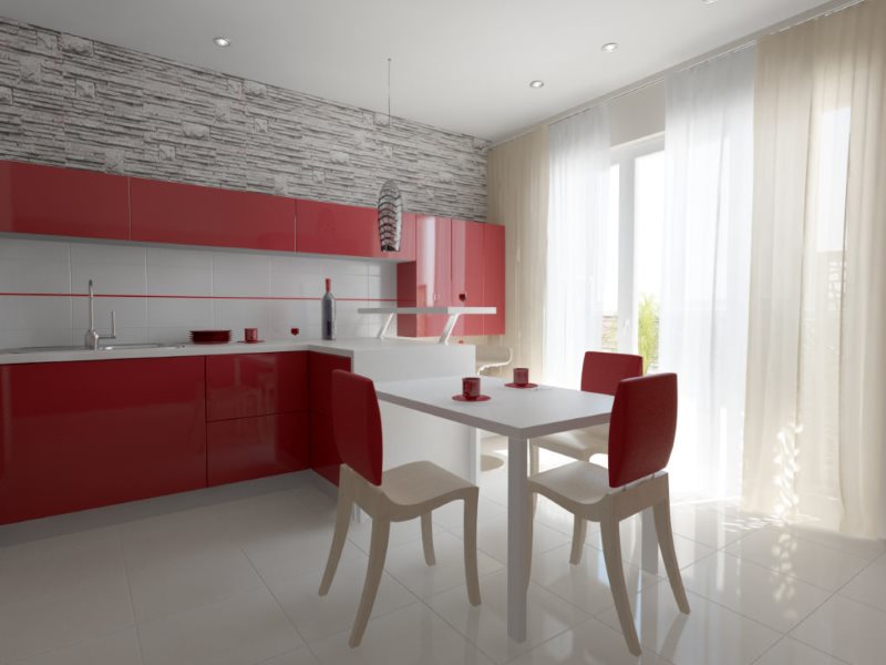 Plancher de cuisine blanc avec mobilier bordeaux