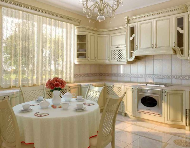 Classic kitchen with dining table and ceramic floor.