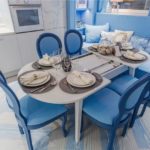 Dining group with blue chairs