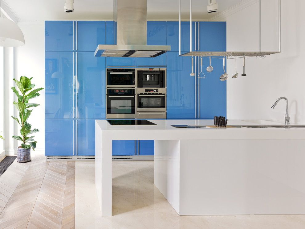 High tech blue kitchen interior