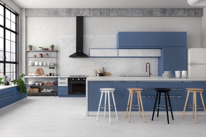 Blue set in the industrial style kitchen