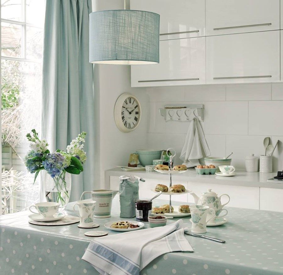 Blue tablecloth on the kitchen table