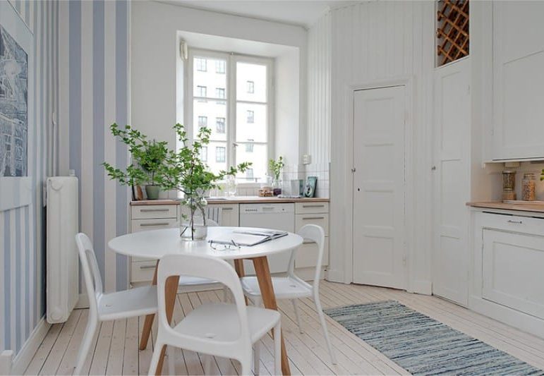 Striped wallpaper in the interior of a modern kitchen