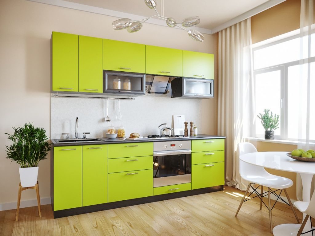 Suite lineare con facciate in wengé lime in una cucina con pavimento in legno