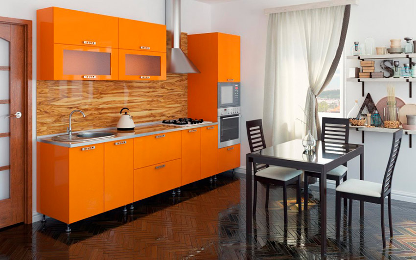 Ensemble de cuisine linéaire orange avec sol sombre