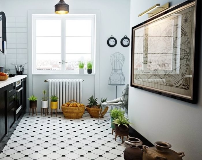 Plancher de cuisine de style scandinave noir et blanc