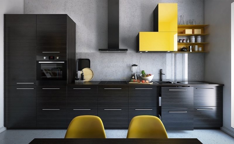 Cuisine linéaire avec façades noires et armoire jaune