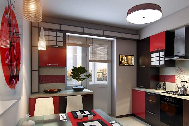 Design da cucina rosso e nero in stile giapponese