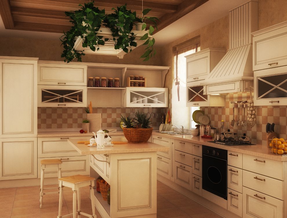 Cucina dal design rustico nei toni del beige.