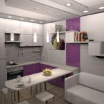 Cucina grigio-viola in un appartamento di casa a pannelli