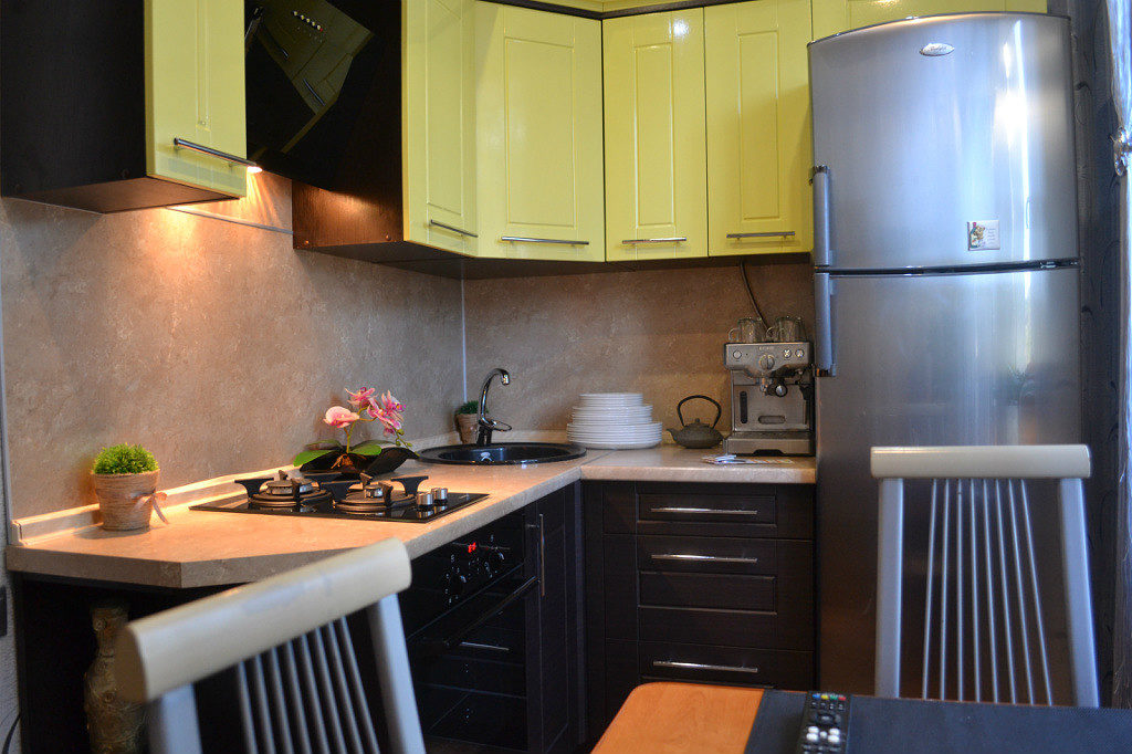 Two-compartment refrigerator near the kitchen window