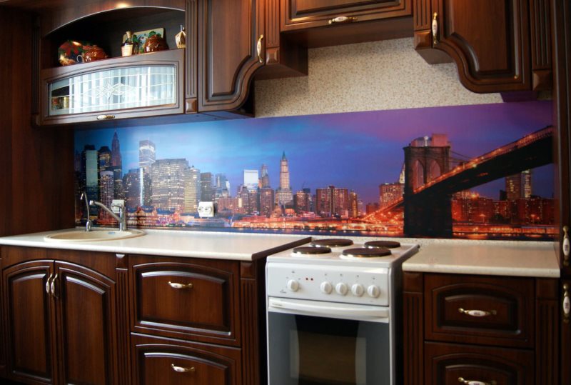 Plastic apron in the kitchen with brown furniture